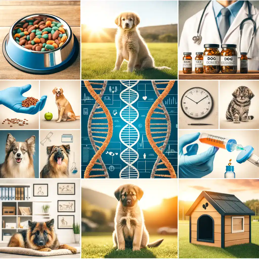 Photo collage infographic highlighting various factors affecting dog lifespan. Imagery includes a dog bowl filled with nutritious food, a dog playing fetch in an open field, a veterinary clinic sign, a DNA strand intertwined with a dog outline, a comfortable dog house, and a scene of dogs socializing at a dog park.