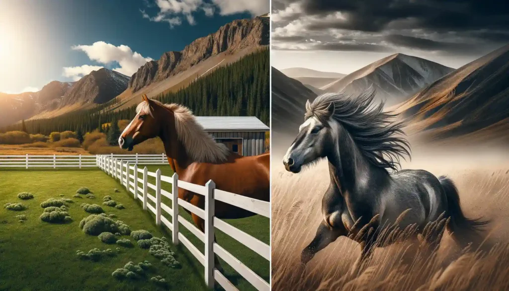 Photo of two contrasting landscapes side by side. On the left, a manicured ranch with a white picket fence where a domesticated horse with a shiny coat and groomed mane stands gracefully. On the right, a rugged mountainous terrain with wild grasses, where a wild horse with a rougher coat and wind-tousled mane gallops with freedom.
