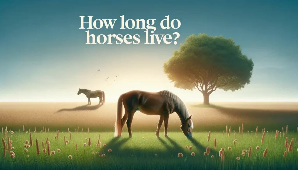 Photo of a serene pasture with lush green grass and a clear blue sky. In the foreground, a healthy adult horse grazes peacefully. In the background, there's a silhouette of an older horse standing near a tree, representing the passage of time. The text 'How Long Do Horses Live' is prominently displayed in elegant white font at the top of the image.