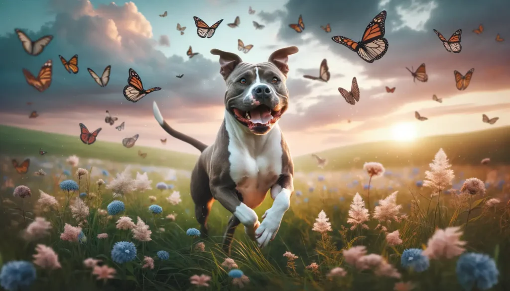 Photo of a pitbull playfully running through a meadow with butterflies fluttering around. The sky is painted with soft pastel colors of dusk.