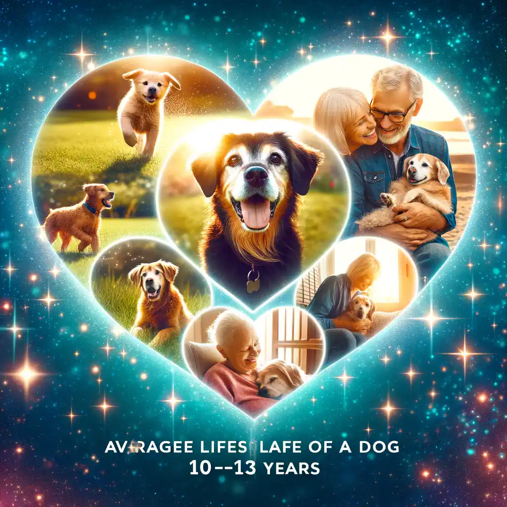 Photo montage of memorable moments in a dog's life: first steps, playing fetch, cuddling with a family, and peaceful senior moments. These photos are arranged in a heart shape against a vivid, sparkling background. The heart is surrounded by animated twinkling stars, and at the center, the message 'Average Lifespan of a Dog: 10-13 years' shines brightly.