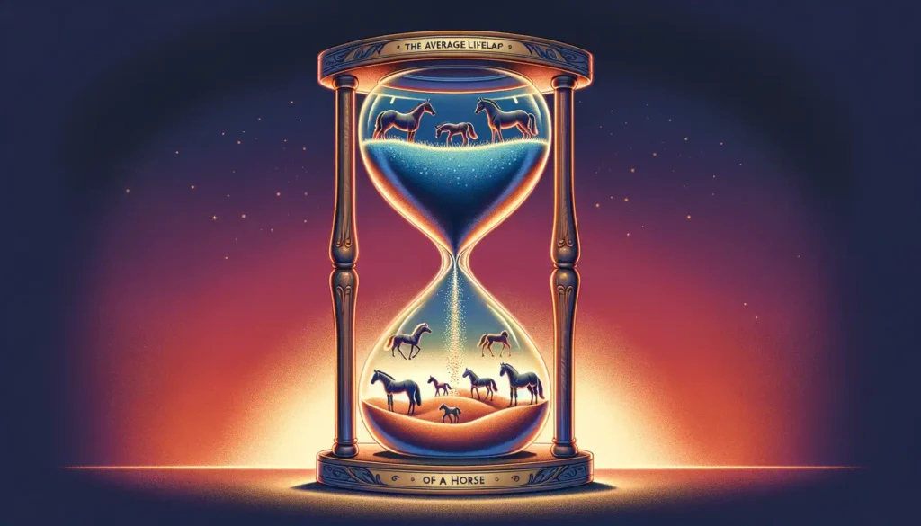 Illustration of an hourglass with sand grains flowing from the top chamber to the bottom. Inside the hourglass, instead of regular sand, there are tiny horse figures representing different life stages, from foal to elderly. The background is a gradient of dawn to dusk colors, illustrating the passage of time. The title 'The Average Lifespan of a Horse' is placed elegantly at the top in a decorative font.