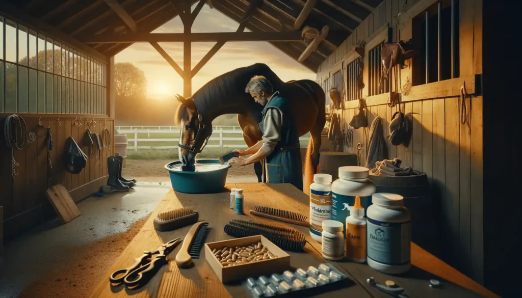 Photo of a tranquil barn setting during golden hour. In the foreground, a caretaker is gently brushing a horse's coat, while another is seen providing fresh water. On a nearby table, there are essential horse care products like vitamins, hoof care items, and grooming tools. The scene encapsulates the essence of meticulous care and attention to a horse's well-being.