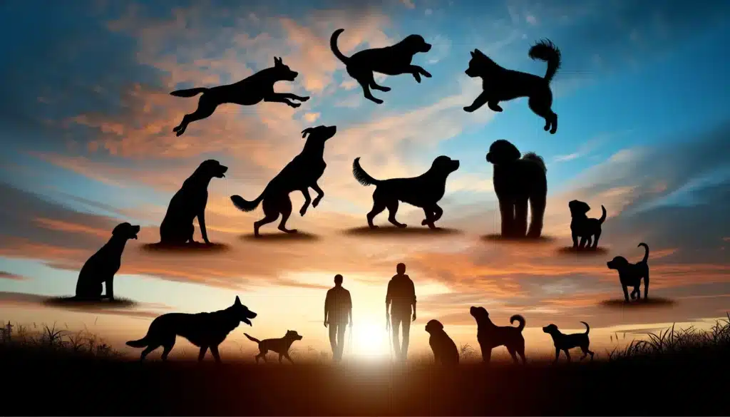 Wide photo of a serene sunset landscape with silhouettes of diverse dogs playing in the foreground, visually representing the various stages of a dog's life, from playful puppies to calm seniors.