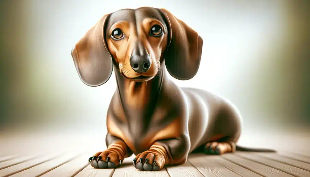 A playful Dachshund dog with a long body and short legs standing in a grassy field, exuding charm and friendliness.