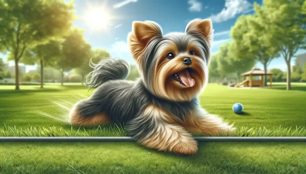 A playful Yorkie joyfully running on grass in a park setting, depicted in a banner-sized image.