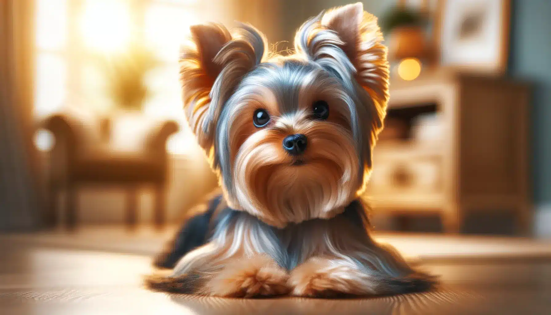 A playful Yorkie with a shiny coat and bright, curious eyes, standing alert in a grassy field.