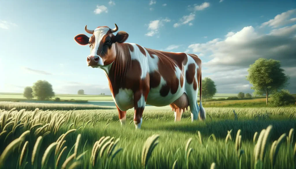 A serene cow standing in a lush green field under a clear blue sky.