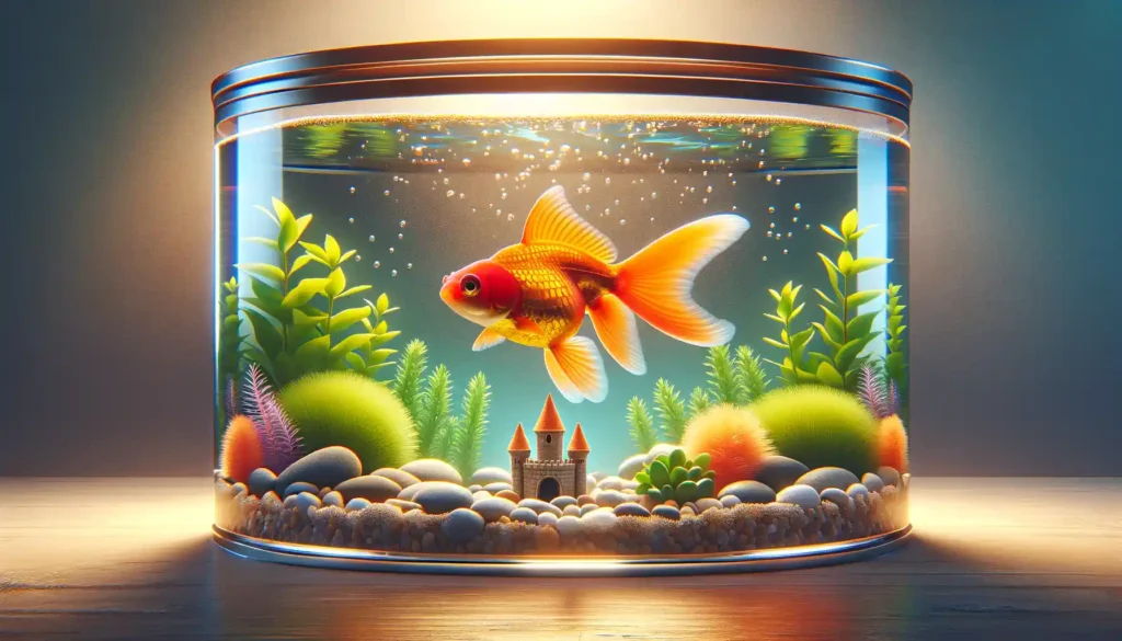 A vibrant goldfish swimming gracefully in a well-decorated aquarium.