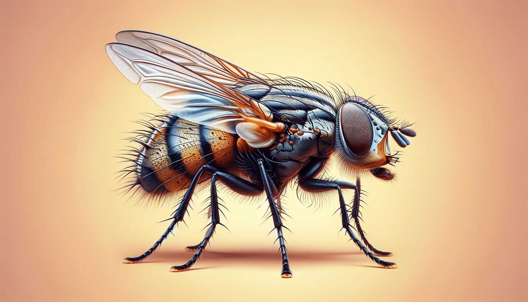 Close-up view of a realistic fly on a bright background