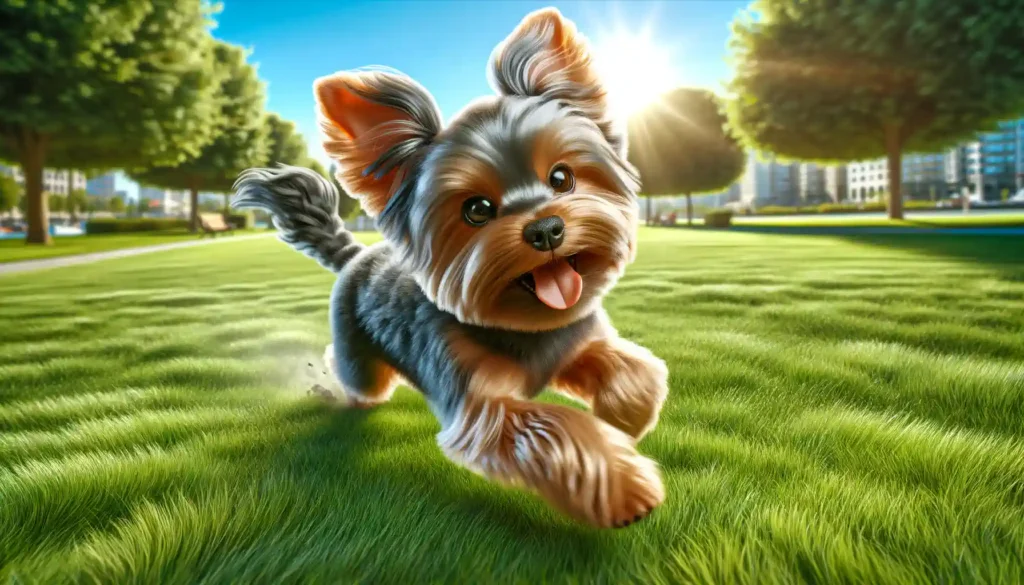 Energetic Yorkie playfully running in a sunny park, with vibrant green grass and a clear blue sky in the background.