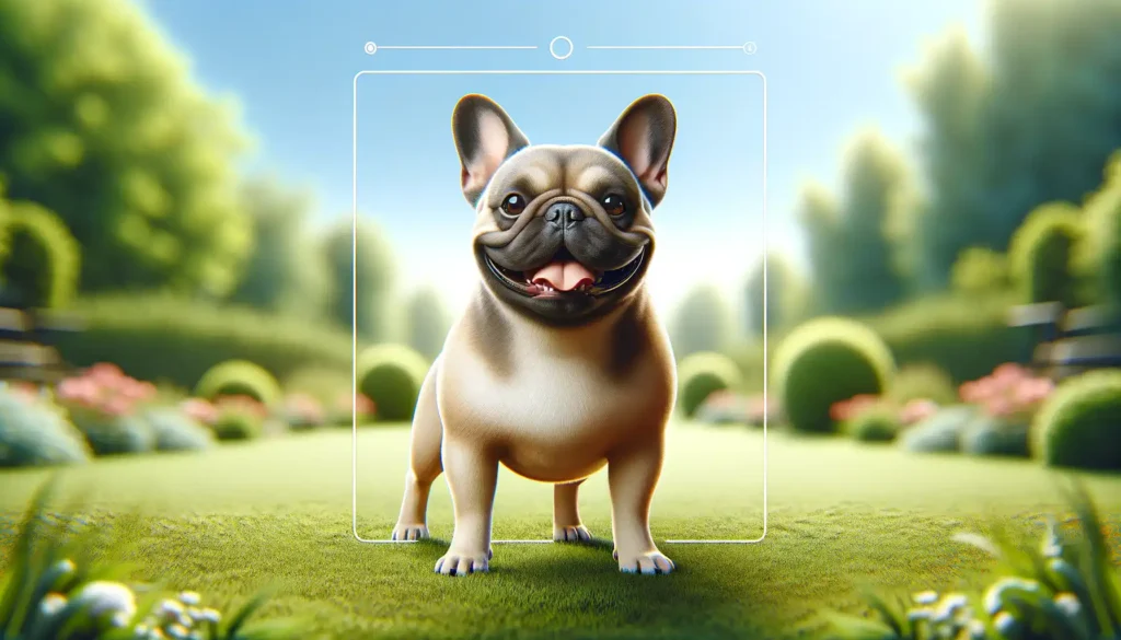 Image of a happy French bulldog, standing in a picturesque outdoor setting.