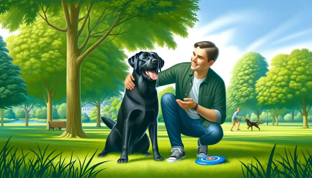 Image of a happy Labrador Retriever with its owner in a park setting